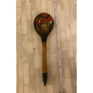 KHOKHLOMA Wooden Spoon Hand Painted RUSSIAN Lacquer Black Red & Gold Vintage‎